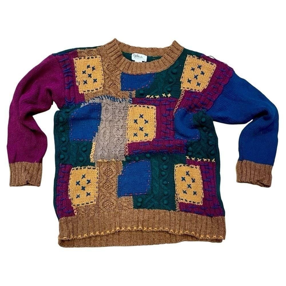 VTG All Points Grandpa Sweater Patchwork Eclectic Cotton Knit Multicolor Medium